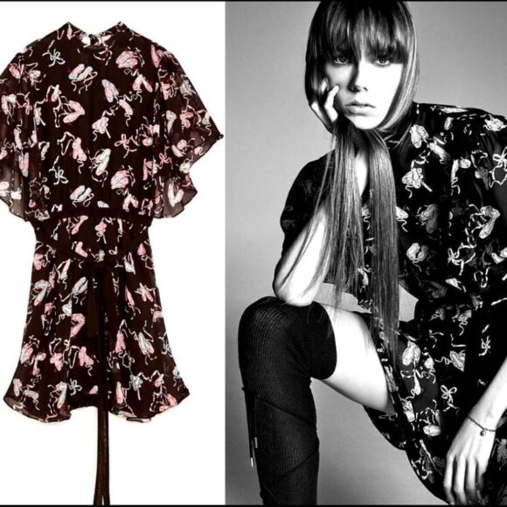 ZARA Studio Ballerina Print Chiffon Fully Lined Dress with Belt XS